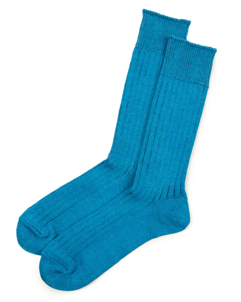 Linen/Cotton Ribbed Crew Socks - Blue 1 Linen/Cotton Ribbed Crew Socks - Blue