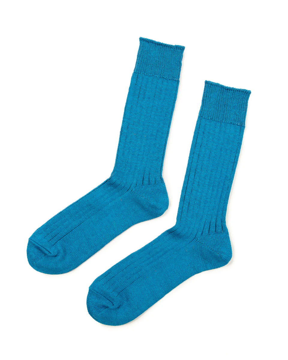 Linen/Cotton Ribbed Crew Socks - Blue 3 Linen/Cotton Ribbed Crew Socks - Blue