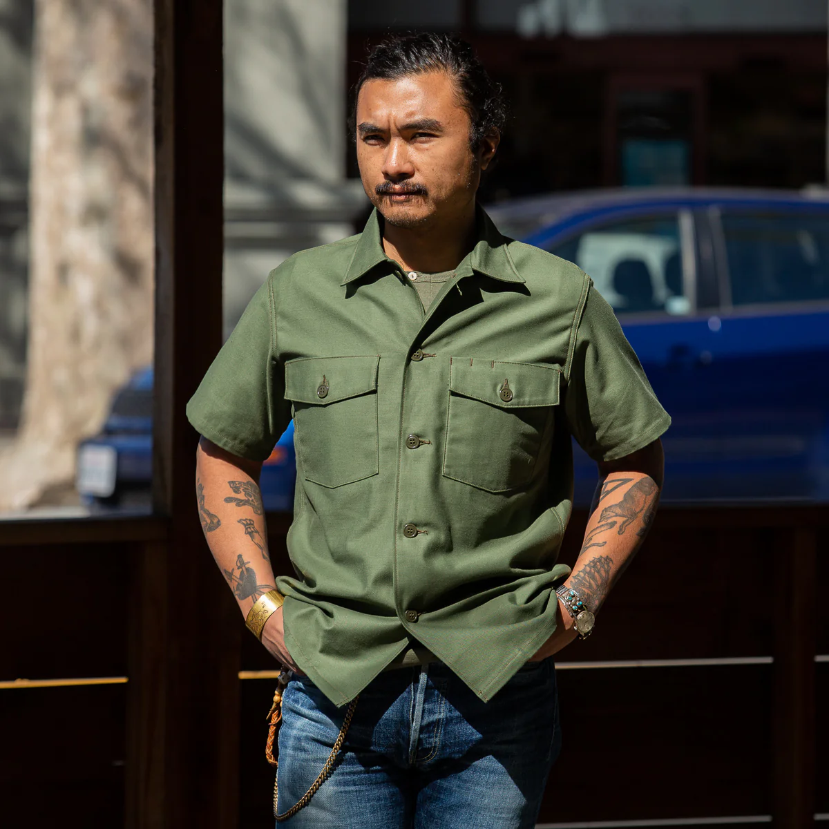 Cotton Sateen Shirt S/S - Olive Green 2 Cotton Sateen Shirt S/S - Olive Green