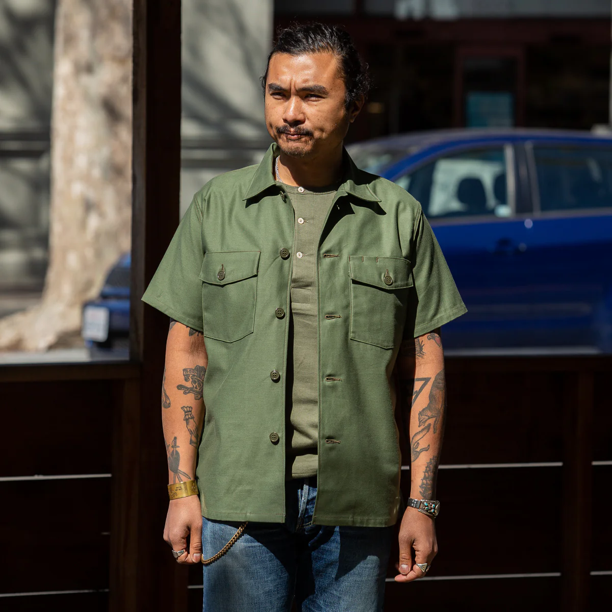 Cotton Sateen Shirt S/S - Olive Green 4 Cotton Sateen Shirt S/S - Olive Green