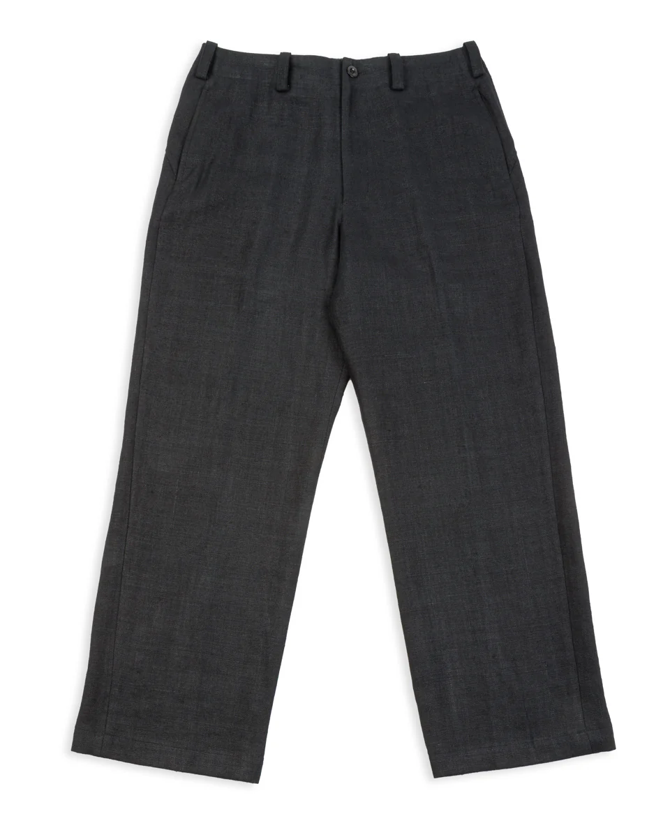 Round Yoke Thick Linen Trousers - Black 1 Round Yoke Thick Linen Trousers - Black